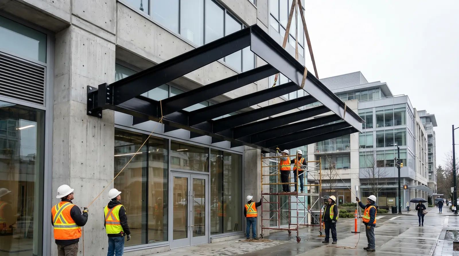 Custom cantilevered steel entrance canopy being installed above a glass storefront on a Metro Vancouver commercial building