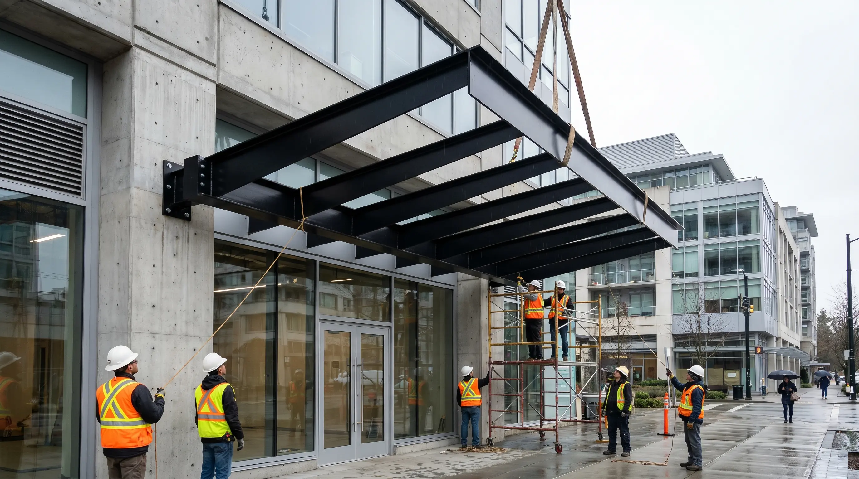 Custom cantilevered steel entrance canopy being installed above a glass storefront on a Metro Vancouver commercial building
