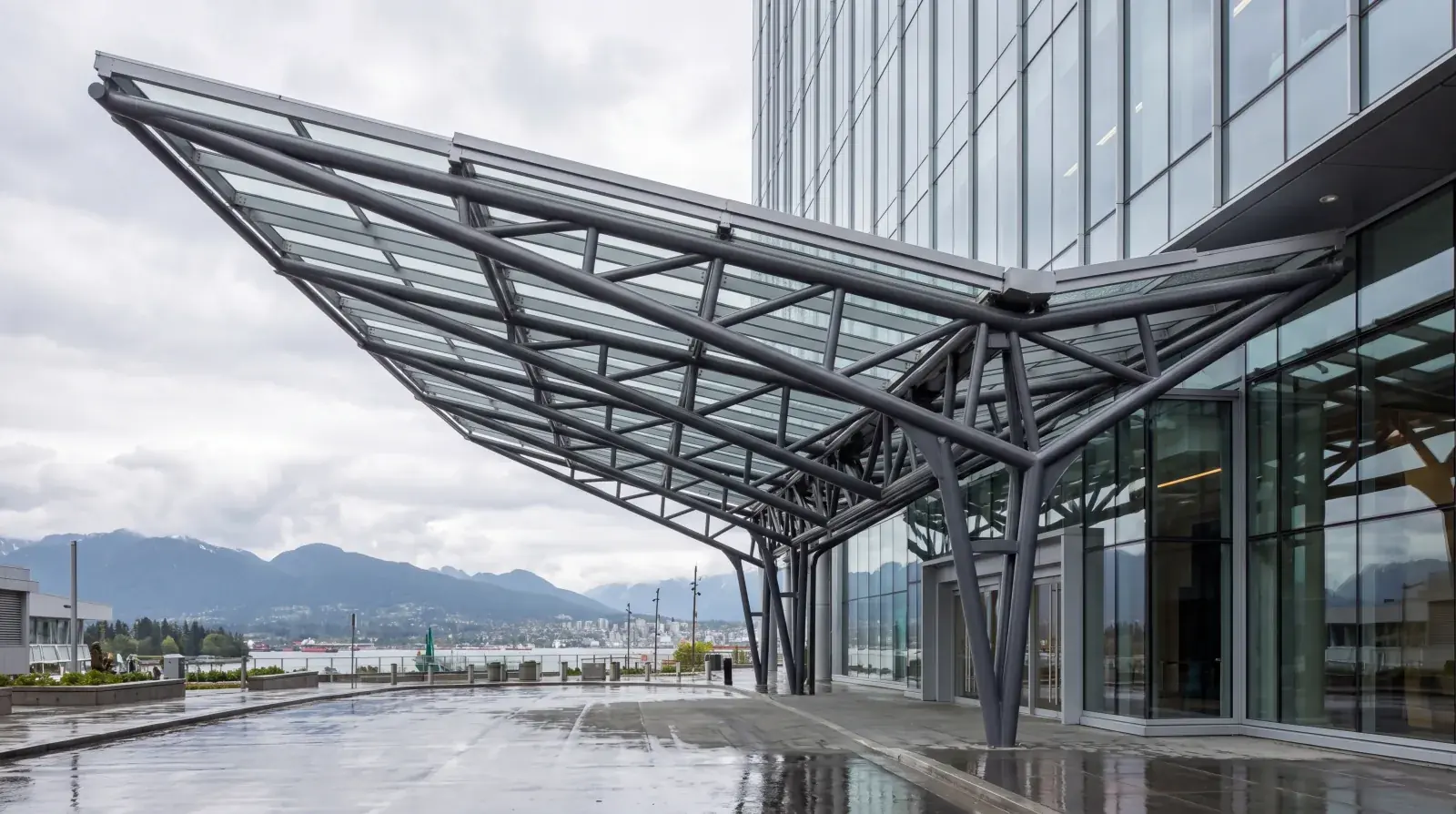 Custom steel canopy structure fabricated by Jeff and Simon Ironworks for a Metro Vancouver residential project