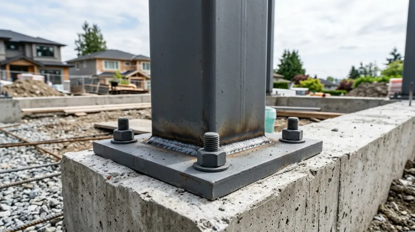 A steel column base plate bolted to a concrete foundation with anchor bolts and leveling nuts before grouting on a Vancouver build