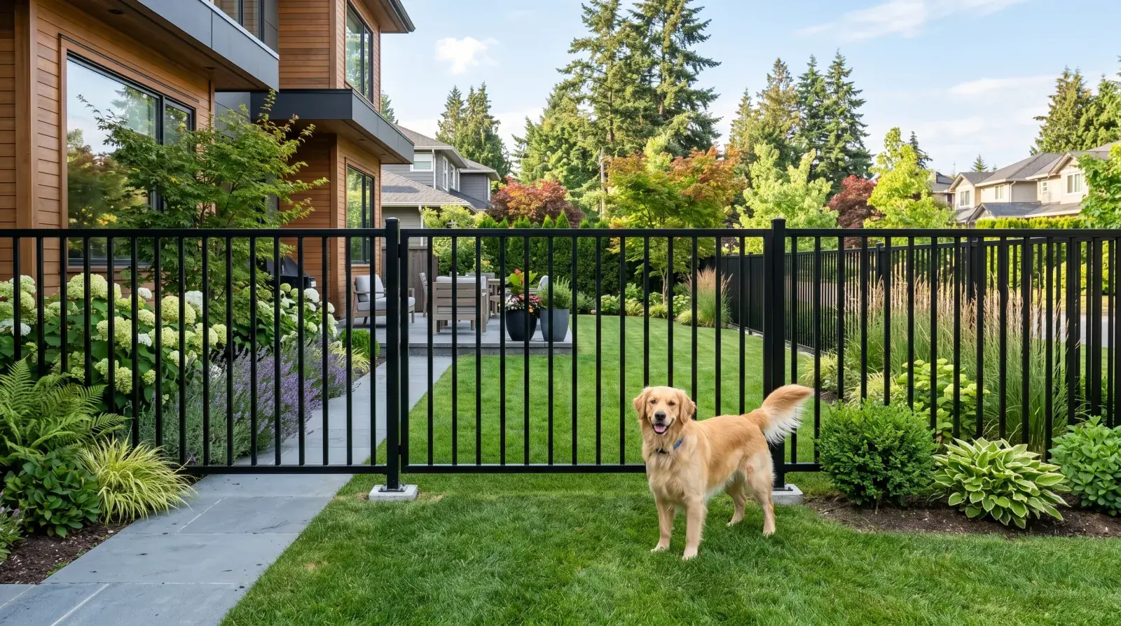 Custom black steel dog fence with vertical pickets enclosing a backyard in a Burnaby home