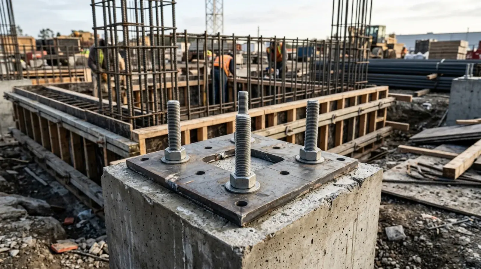 Anchor bolt group held in a plywood template on foundation rebar before a concrete pour on a Metro Vancouver construction site