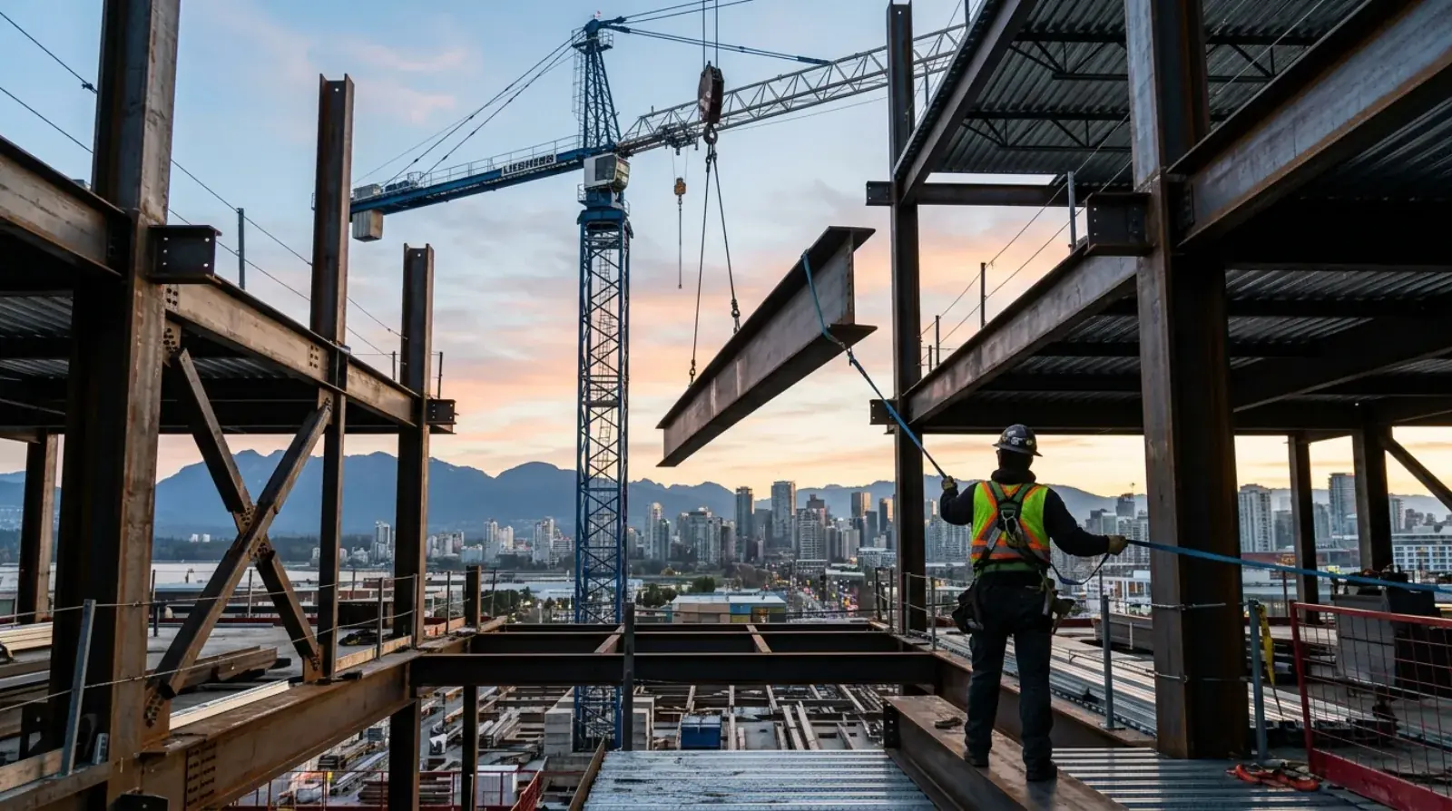 Mobile crane lifting a structural steel beam into place on an urban construction site in Vancouver with ironworkers guiding the pick