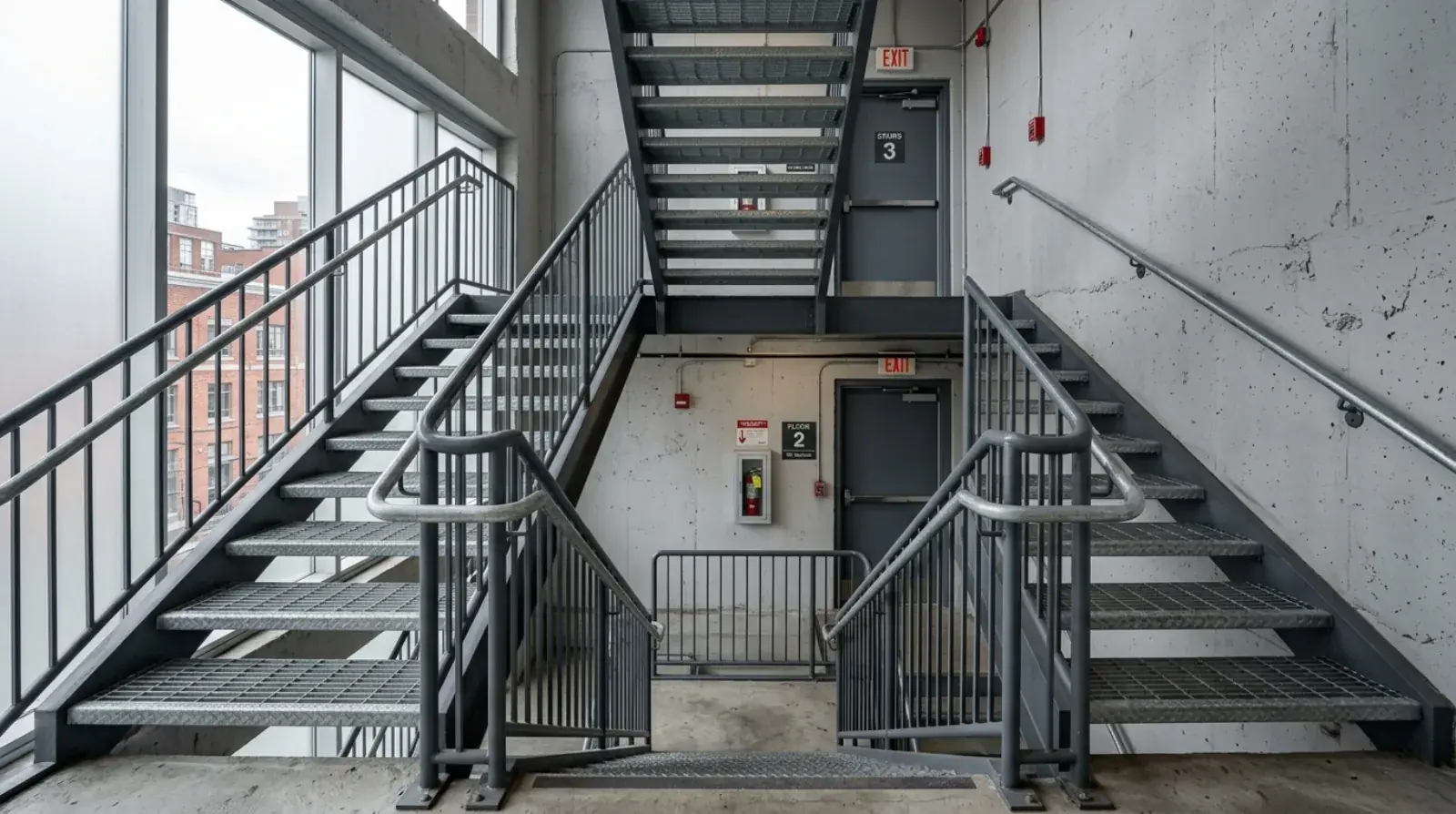 Galvanized steel exit stair inside a concrete-block fire-rated enclosure in a Vancouver commercial building