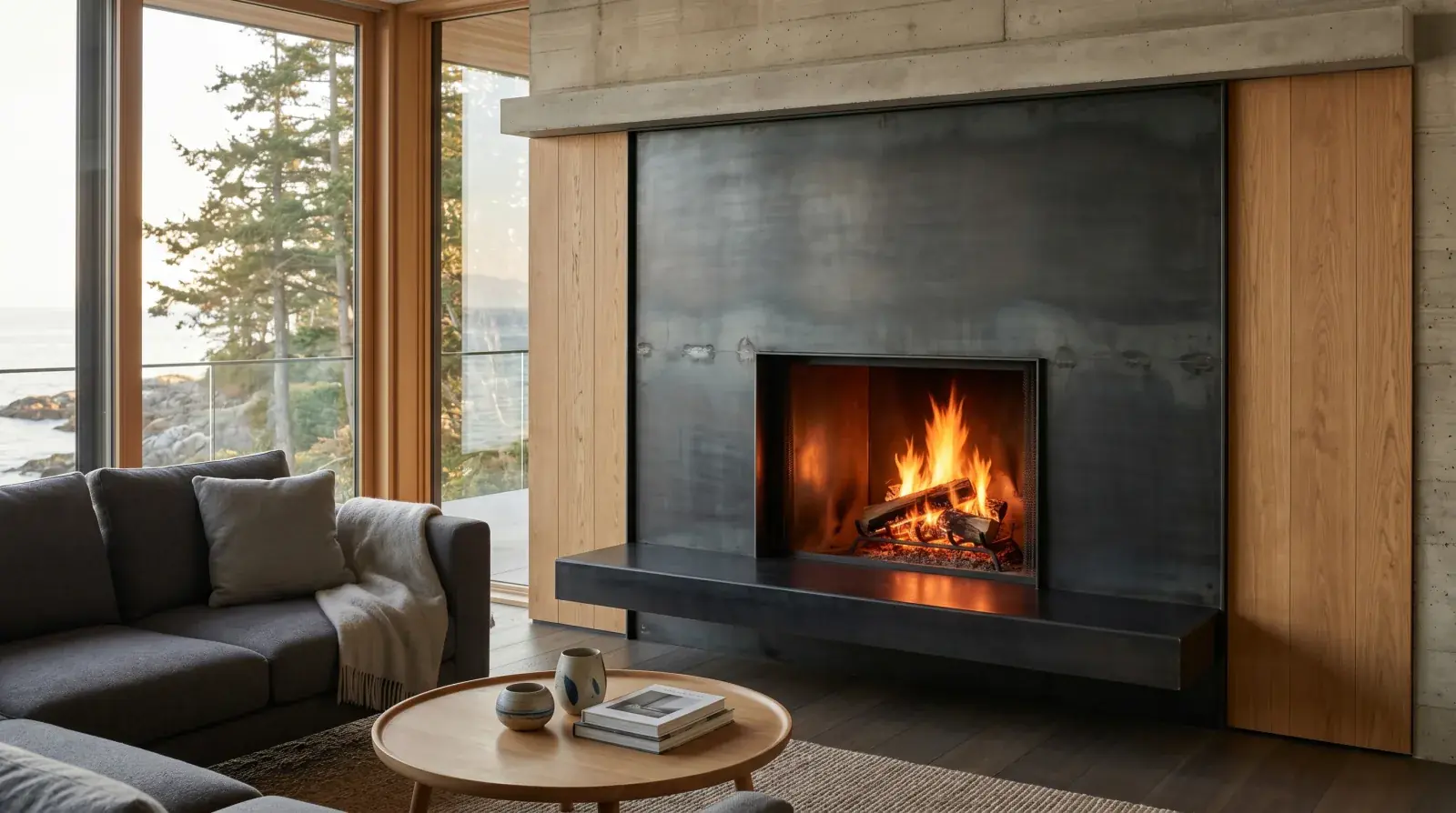 Custom blackened steel fireplace surround with floating hearth in a modern West Vancouver living room