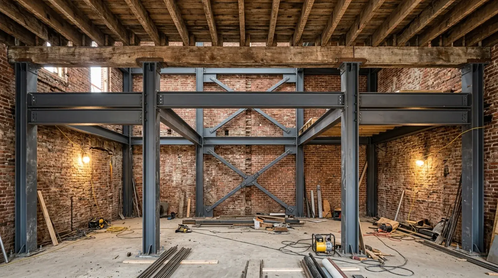 New steel columns and beams installed inside an old brick heritage building shell in Vancouver
