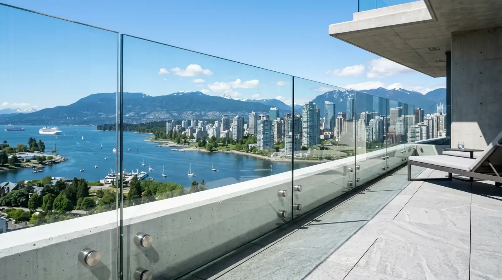 Frameless glass guardrail point-fixed with polished 316 stainless standoffs along a Vancouver concrete balcony edge