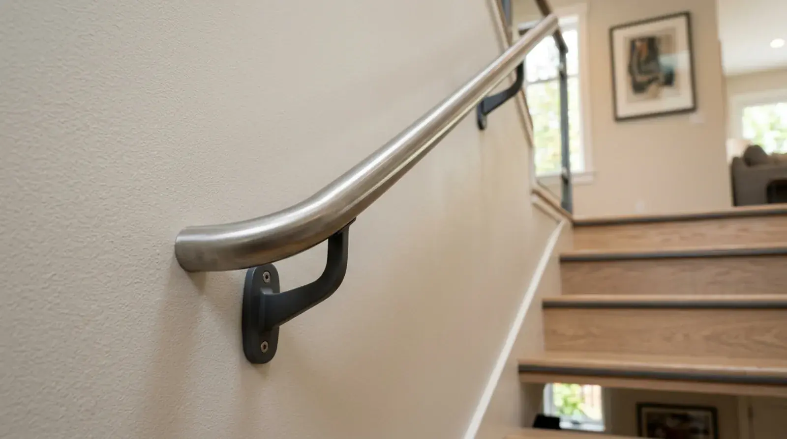 Matte-black round steel handrail mounted on stainless standoff brackets along a Vancouver home stair wall