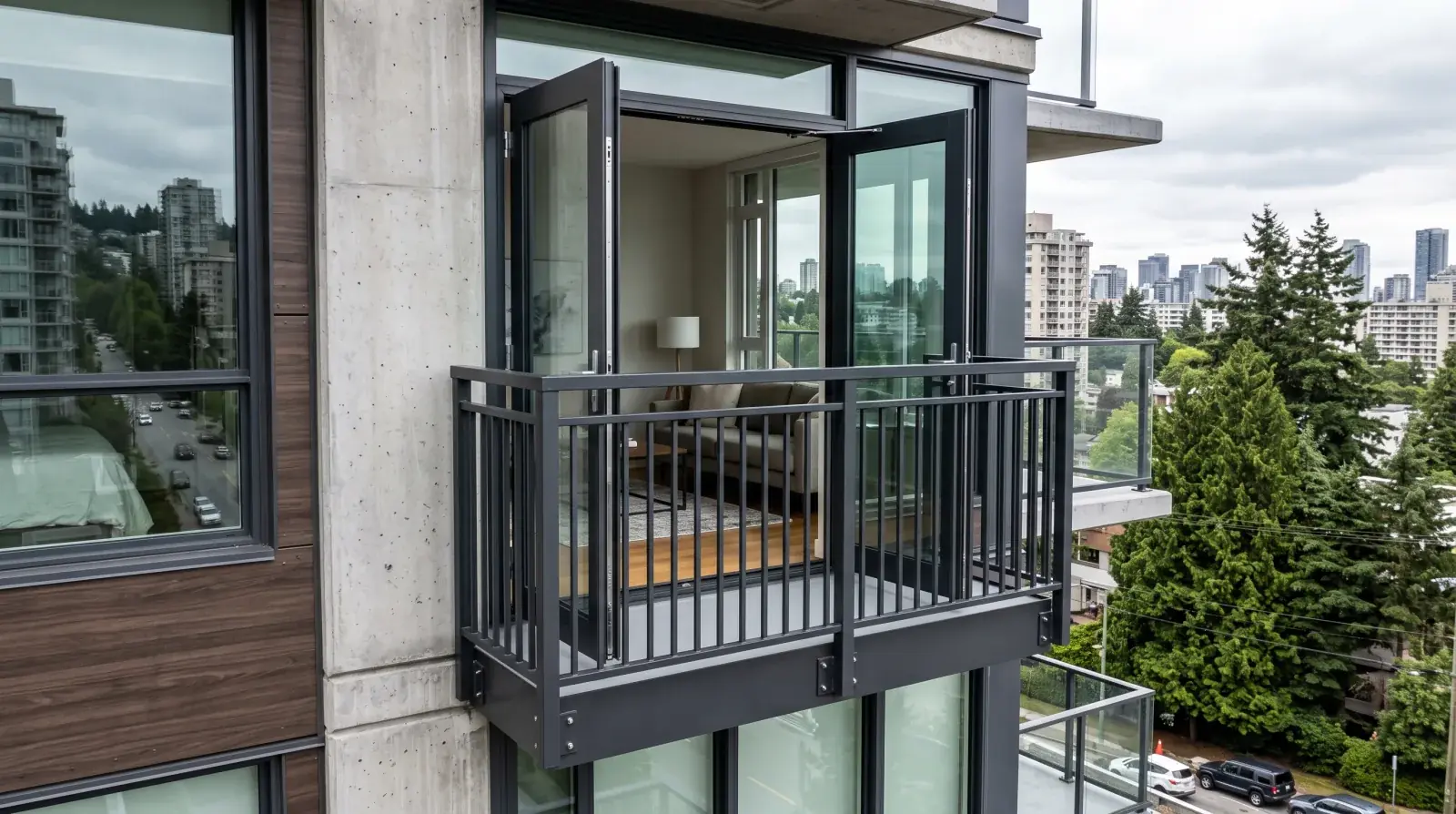 Modern dark steel Juliet balcony guard with vertical bar infill behind open French doors on a Vancouver condo