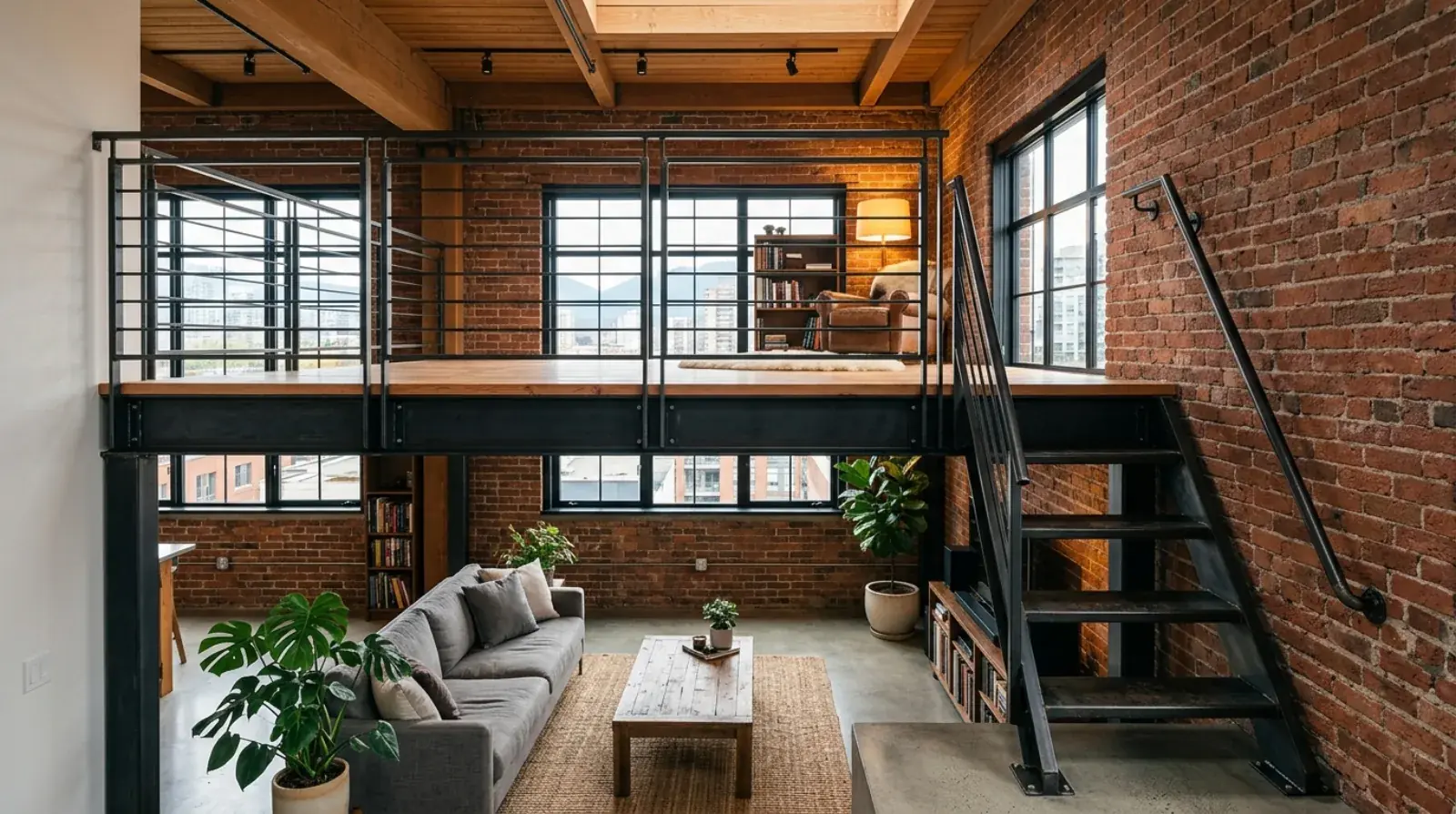 Slim steel mezzanine platform with a sleeping loft and mono stringer access stair inside a high-ceiling Vancouver home