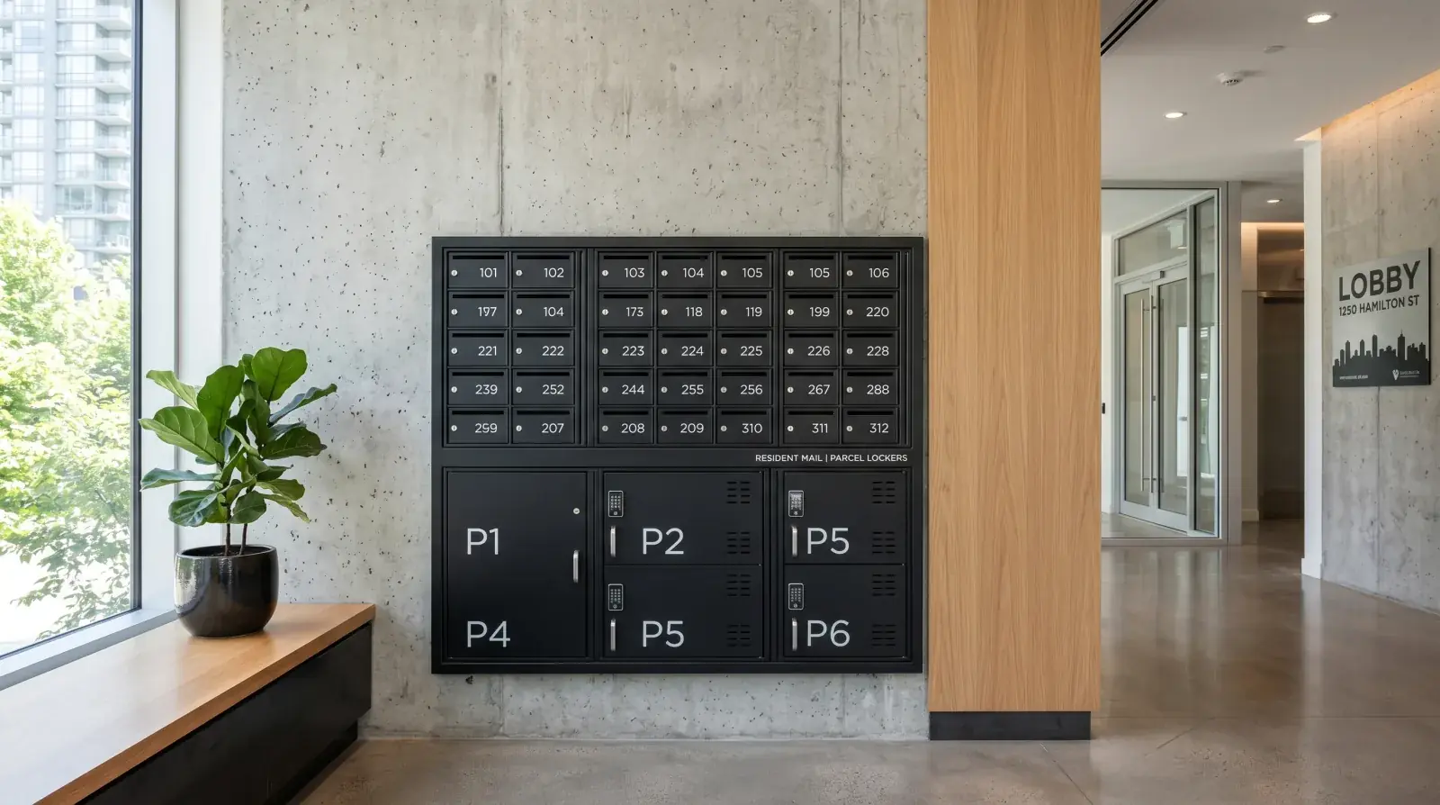 Custom matte black steel mailbox cluster with integrated parcel lockers in a Vancouver multifamily lobby