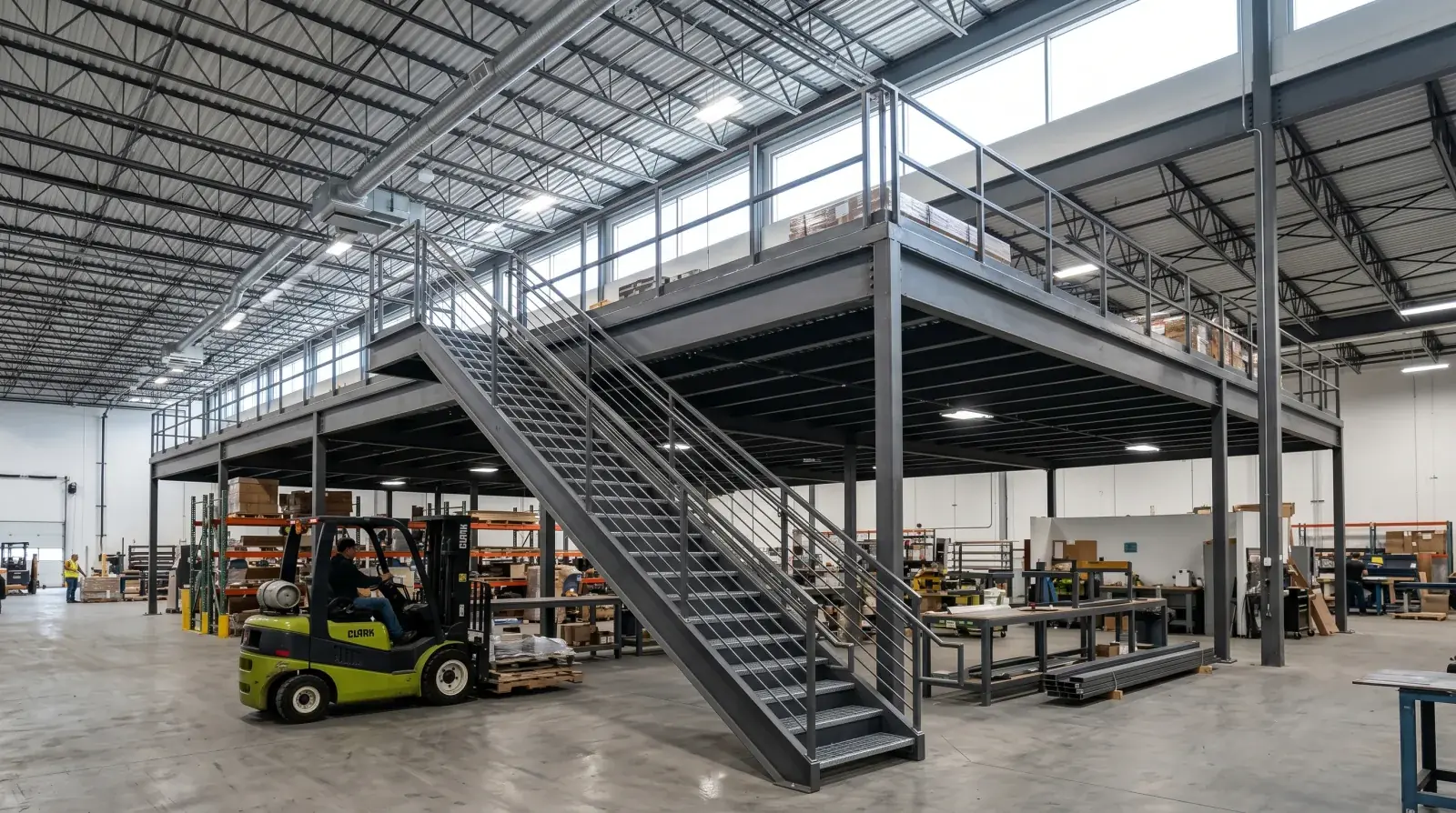 Newly installed structural steel mezzanine platform with stair and guardrail inside a Burnaby commercial warehouse