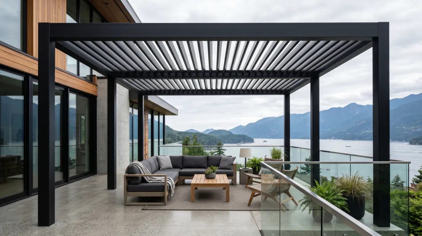 Modern matte-black steel pergola with slatted roof over a West Vancouver patio with ocean and mountain view