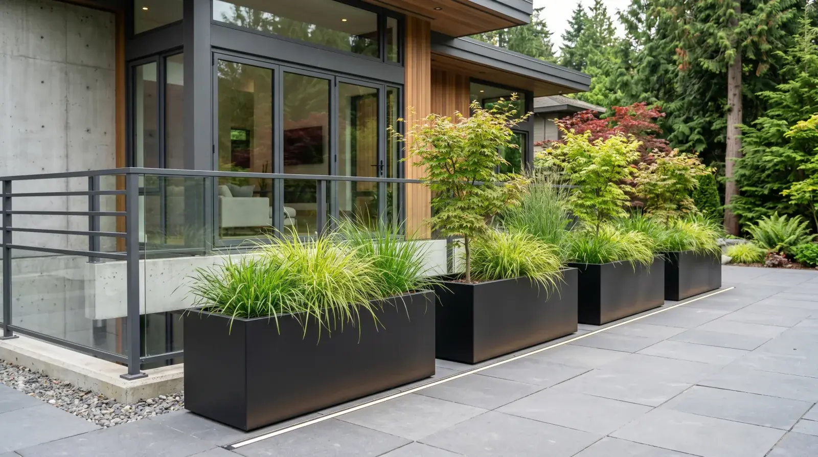 Custom black steel planter boxes lining a modern Vancouver patio with grasses and small trees