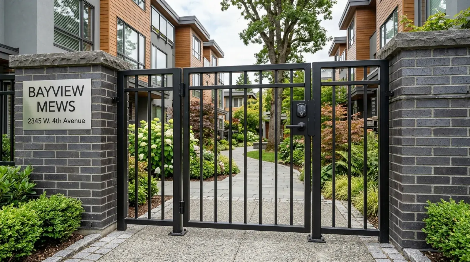 A blackened steel pedestrian gate at the courtyard entry of a Vancouver strata townhouse complex