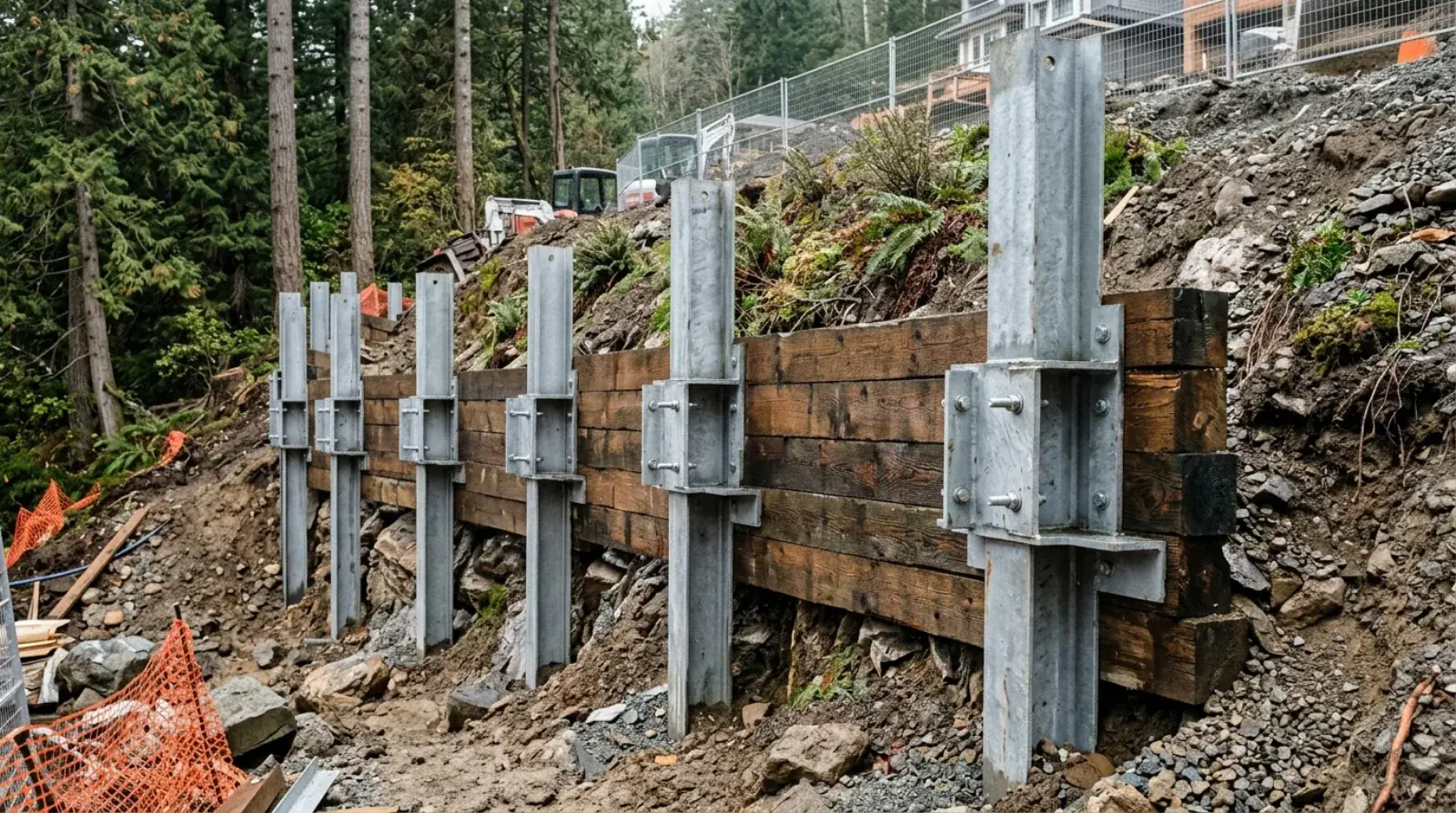 Galvanized steel soldier piles with timber lagging holding back a cut slope on a North Shore building site