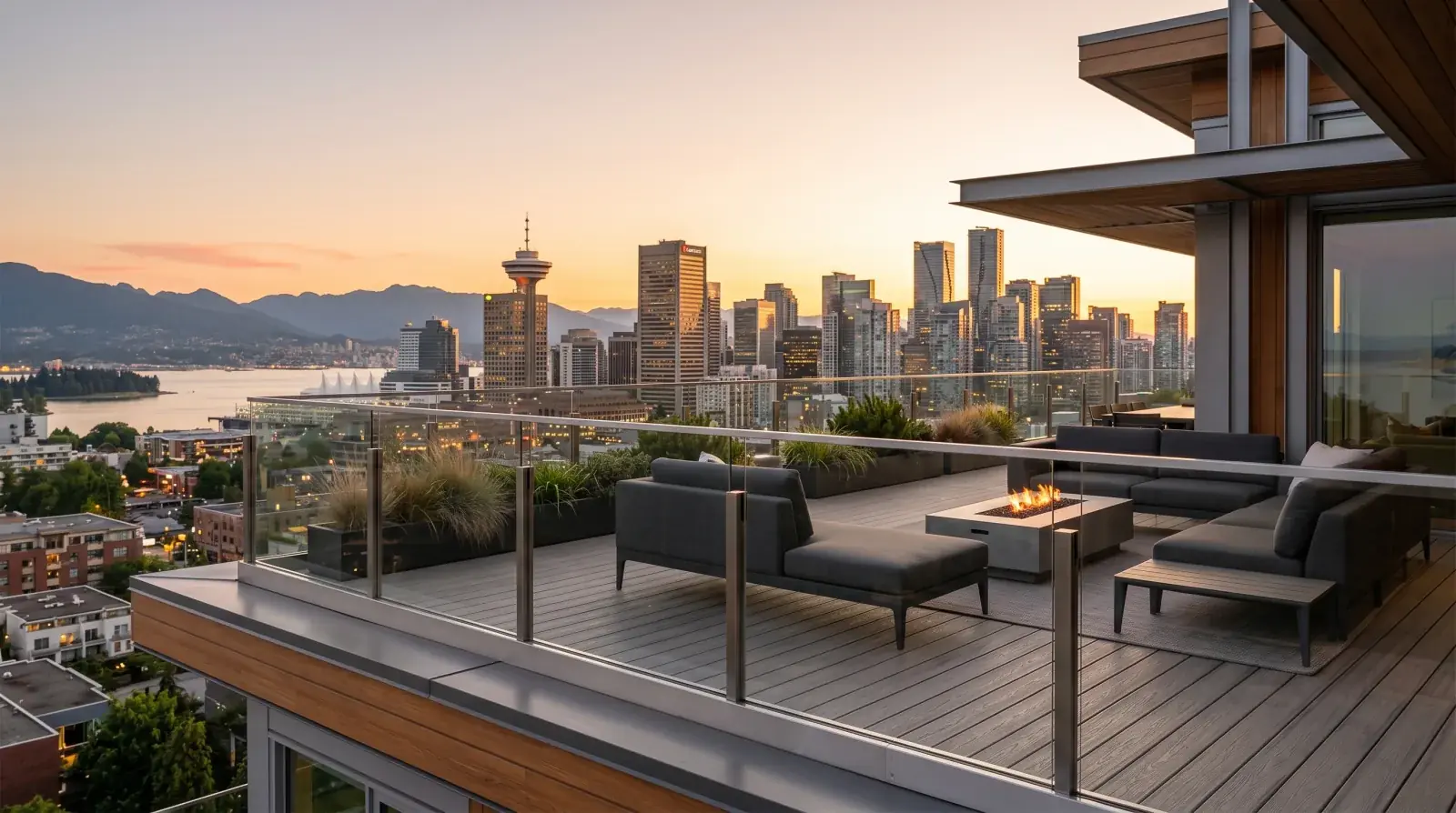 Modern frameless glass rooftop deck railing with low-profile steel frame and city skyline view in Vancouver
