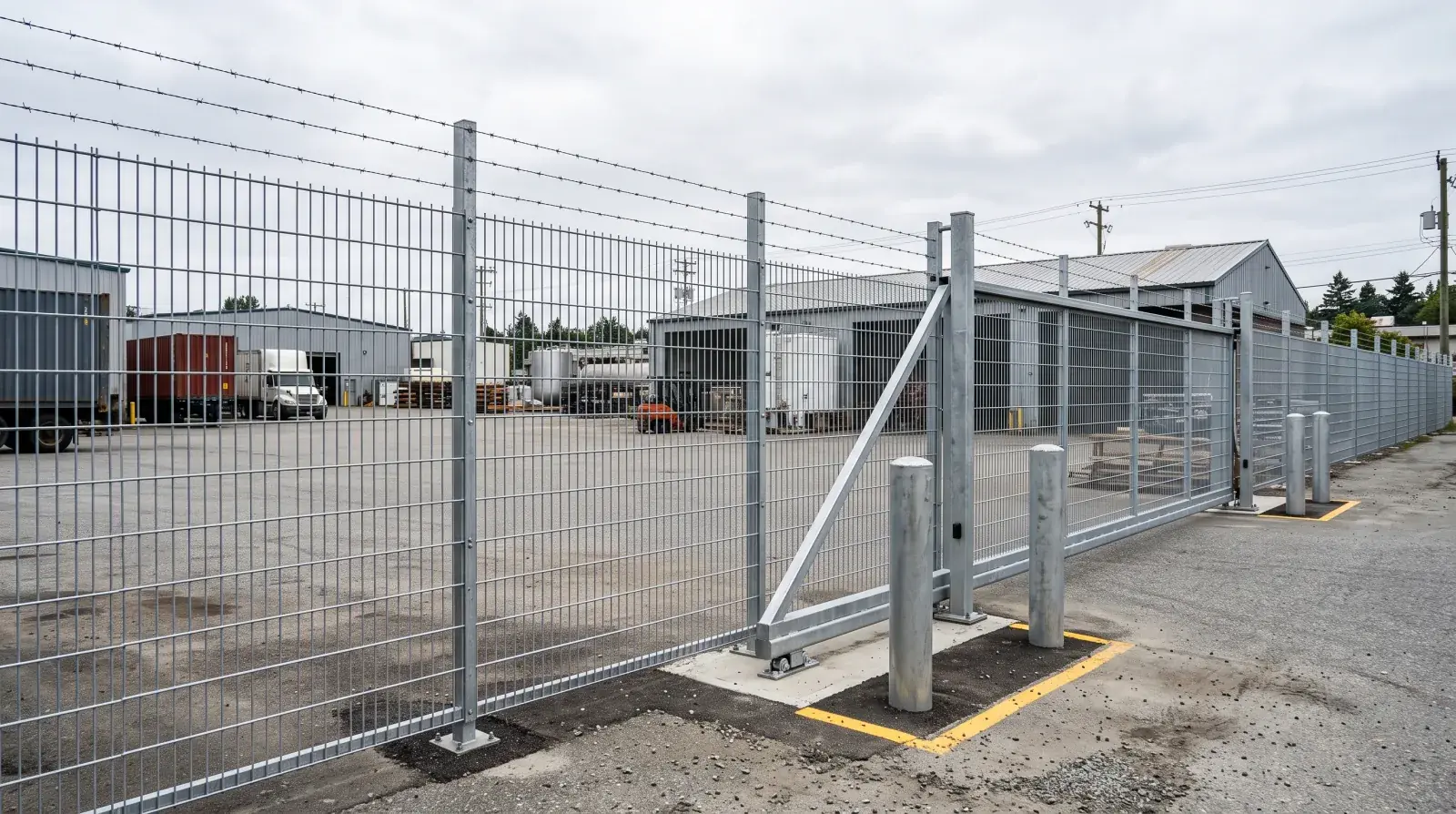 Galvanized welded steel mesh security fence with sliding gate and steel bollards around an industrial yard in Burnaby