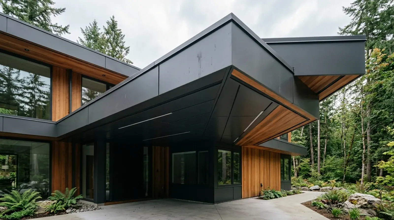 Brake-formed black aluminum soffit and fascia wrapping the flat-roof eave of a modern Vancouver home