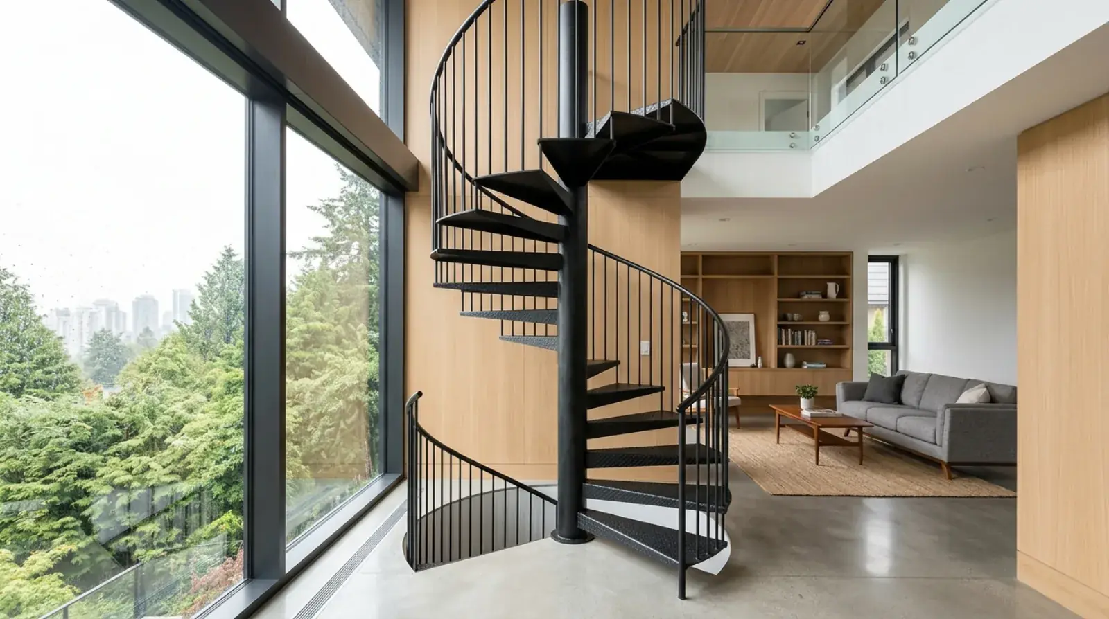 Custom steel spiral staircase with a blackened central column and floating treads in a modern Vancouver loft, shown as secondary access to a mezzanine