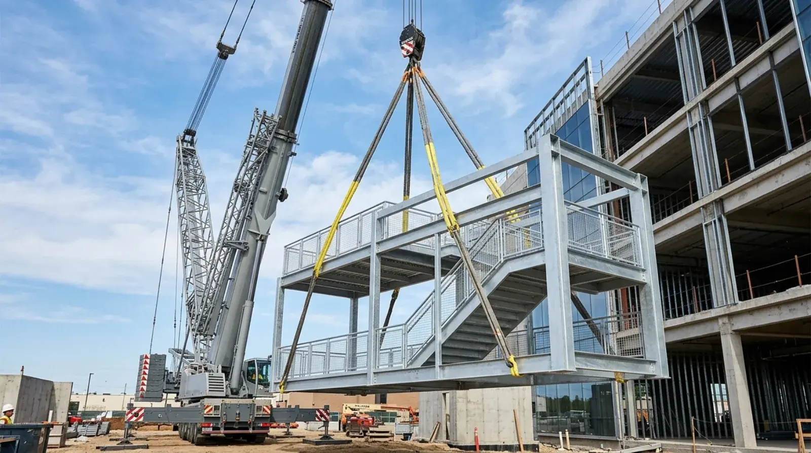 Galvanized steel stair tower with flights, landings, and guardrails on a commercial building in Metro Vancouver