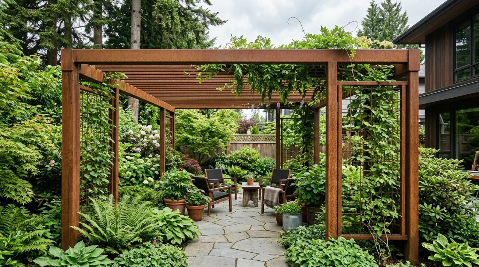 Slim matte-black steel trellis with climbing vines against a Vancouver garden fence and greenery