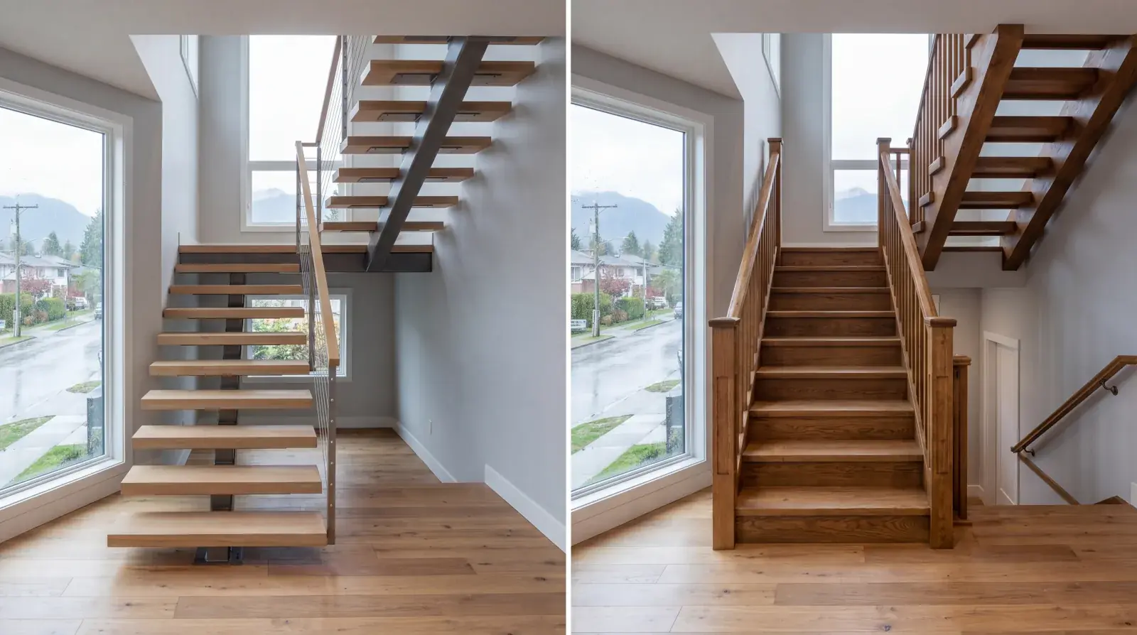 Custom steel mono stringer staircase with wood treads in a modern Vancouver home