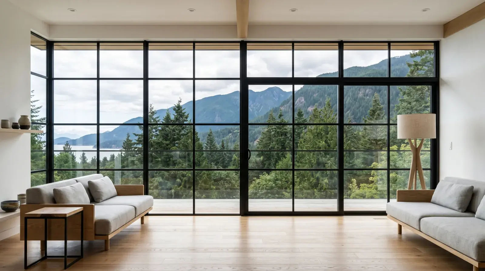 Thin-profile black steel window wall in a Vancouver modern home with mountain view beyond