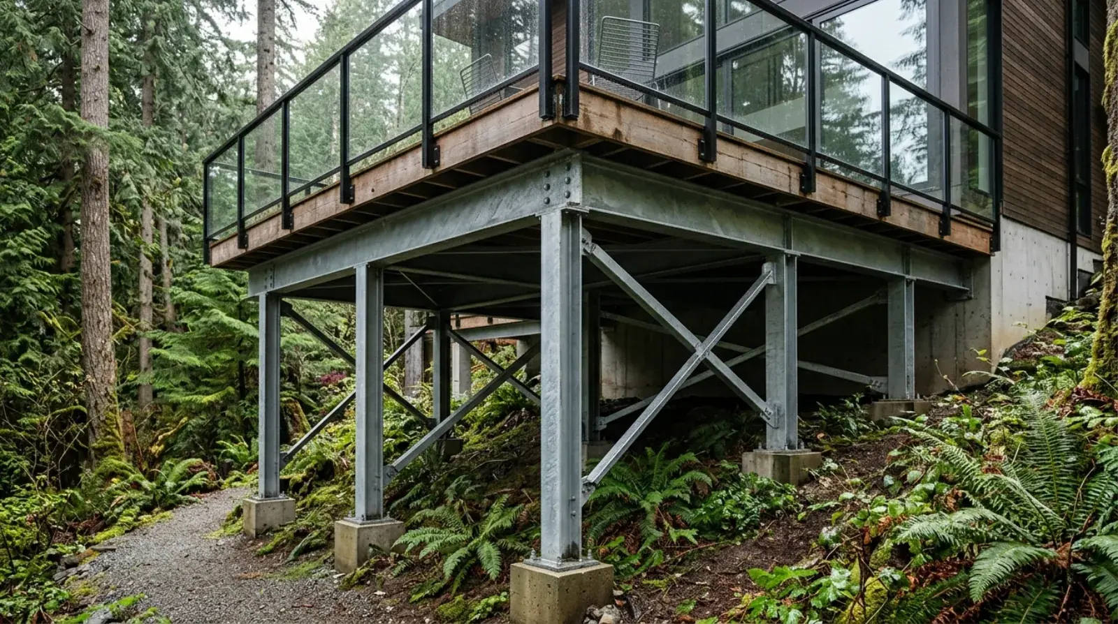 Galvanized steel deck frame with long-span beams supporting an elevated deck on a North Shore Vancouver hillside home