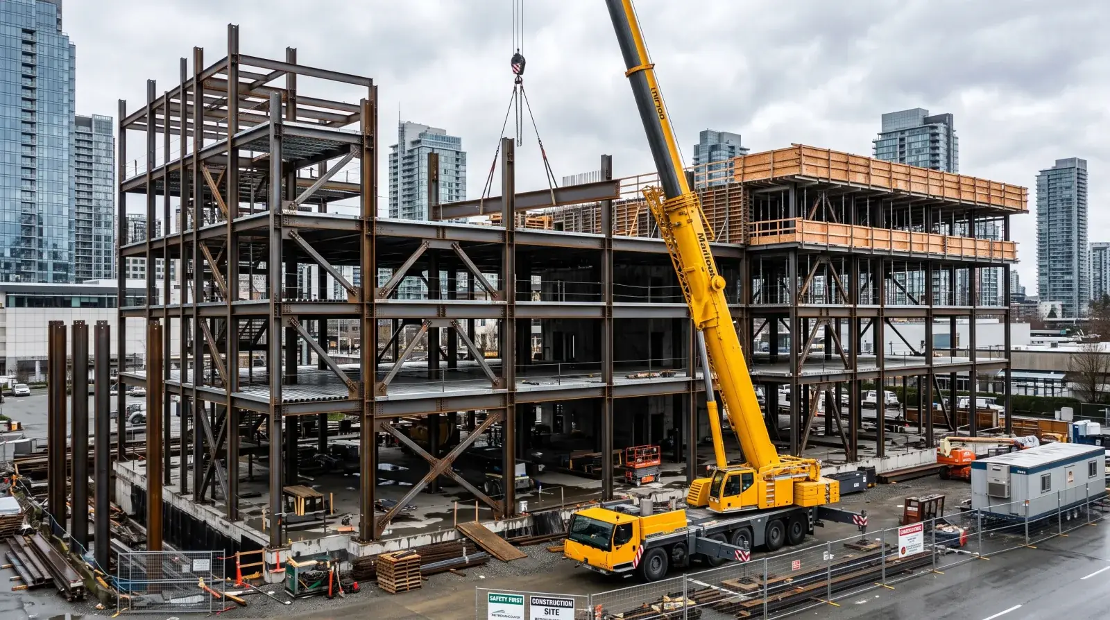 Structural steel frame with beams and columns and a crane setting a beam on a Vancouver mid-rise construction site