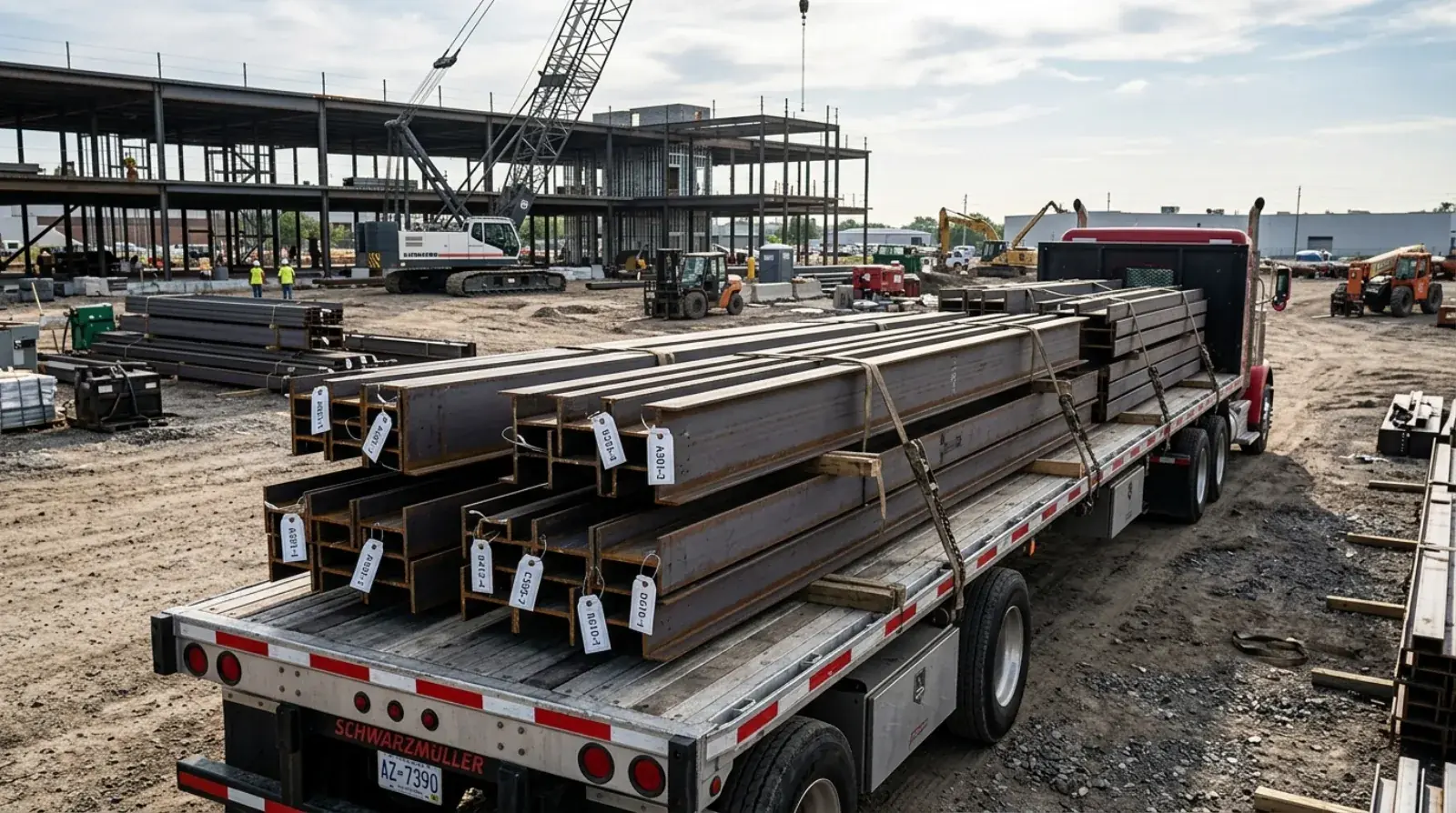 Flatbed truck delivering bundled and tagged structural steel members to a commercial construction site in Vancouver