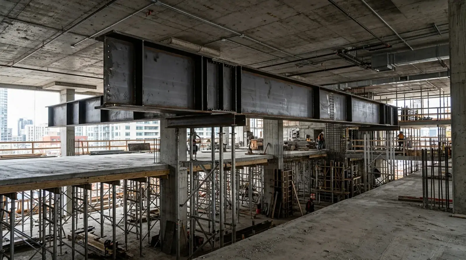 Deep steel transfer beam spanning above a parkade level in a Vancouver mixed-use building under construction