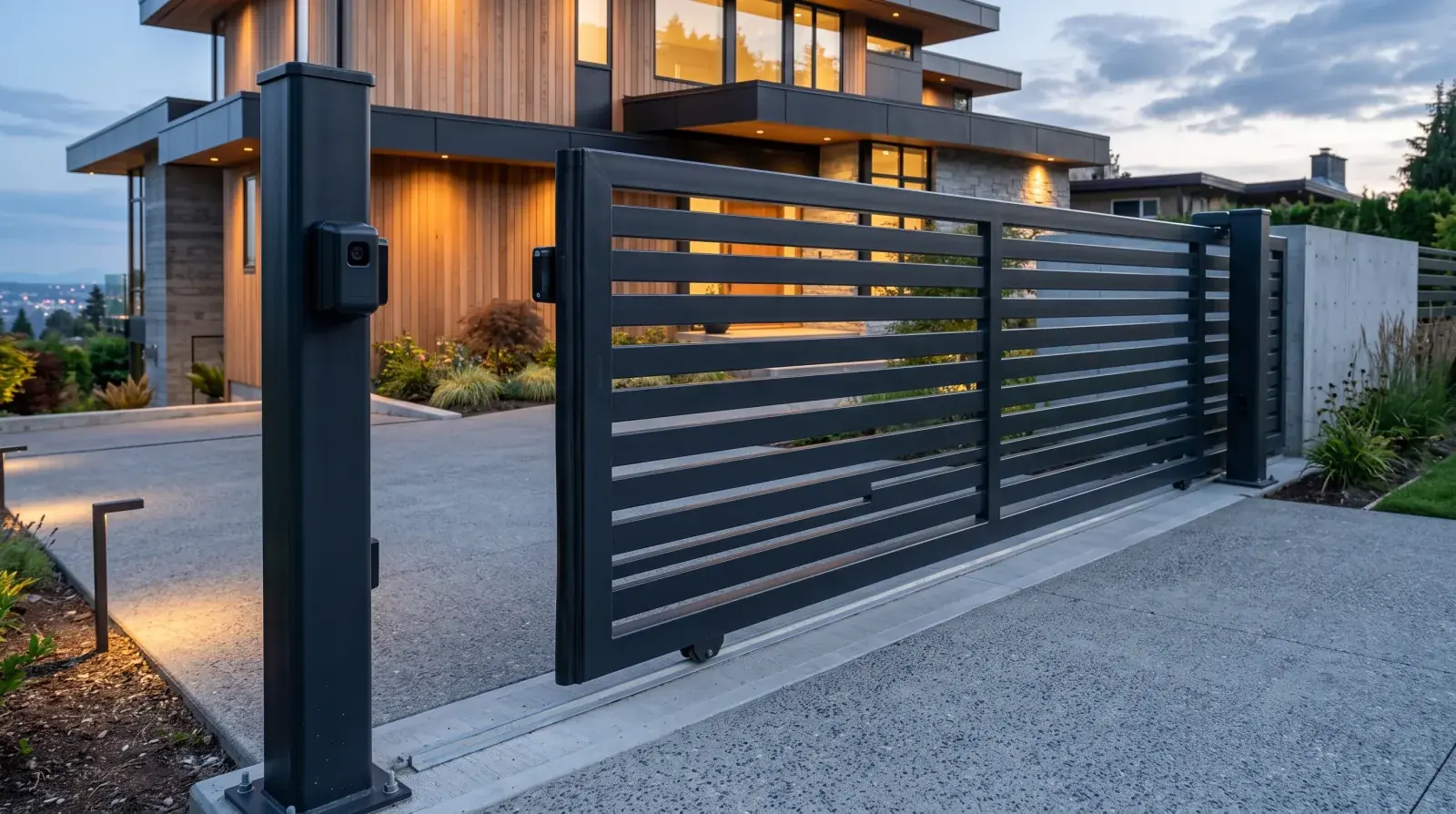 Modern dark steel automated slide gate at a Vancouver home with a photo-eye safety sensor and safety edge visible on the gate post