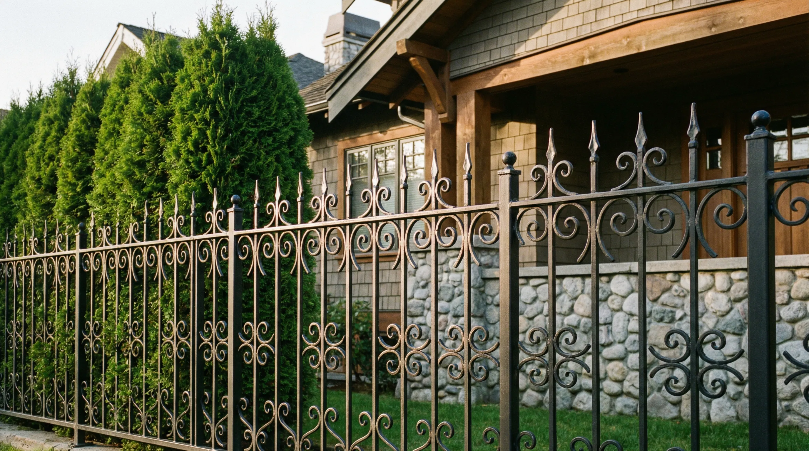 Custom black wrought iron fence with scrollwork in front of a Vancouver Craftsman home