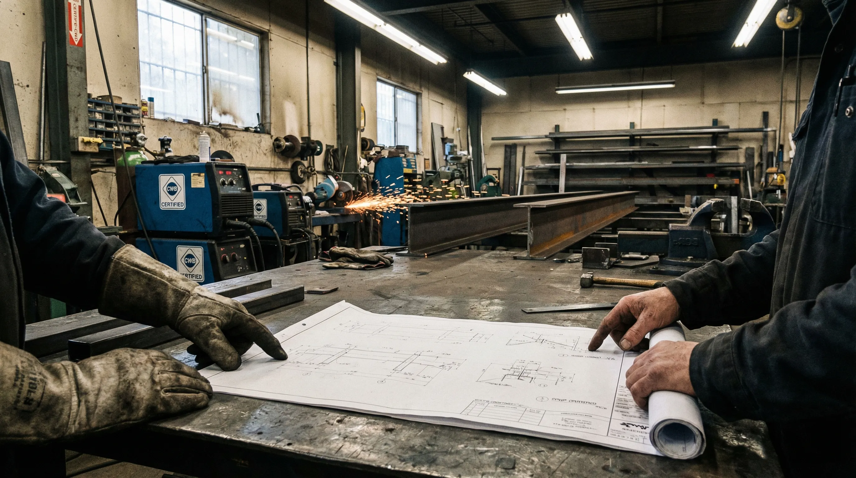 Two metal workers reviewing shop drawings on a fabrication bench in a CWB-certified Burnaby shop