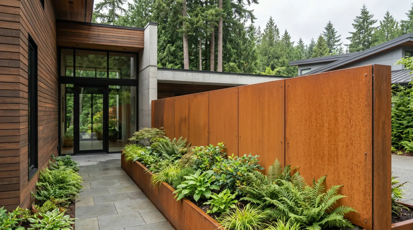 Modern weathering steel Corten feature wall with orange-brown patina on a North Shore Vancouver home