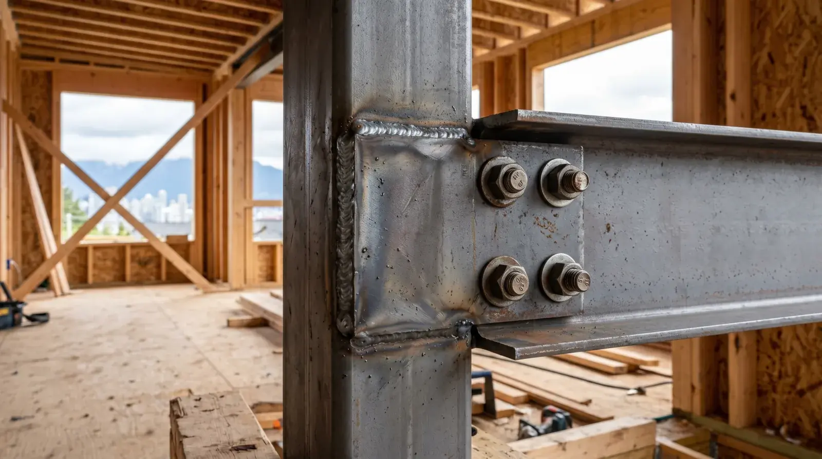 Steel beam-to-column connection in a Vancouver home build showing both a fillet weld and a bolted shear tab