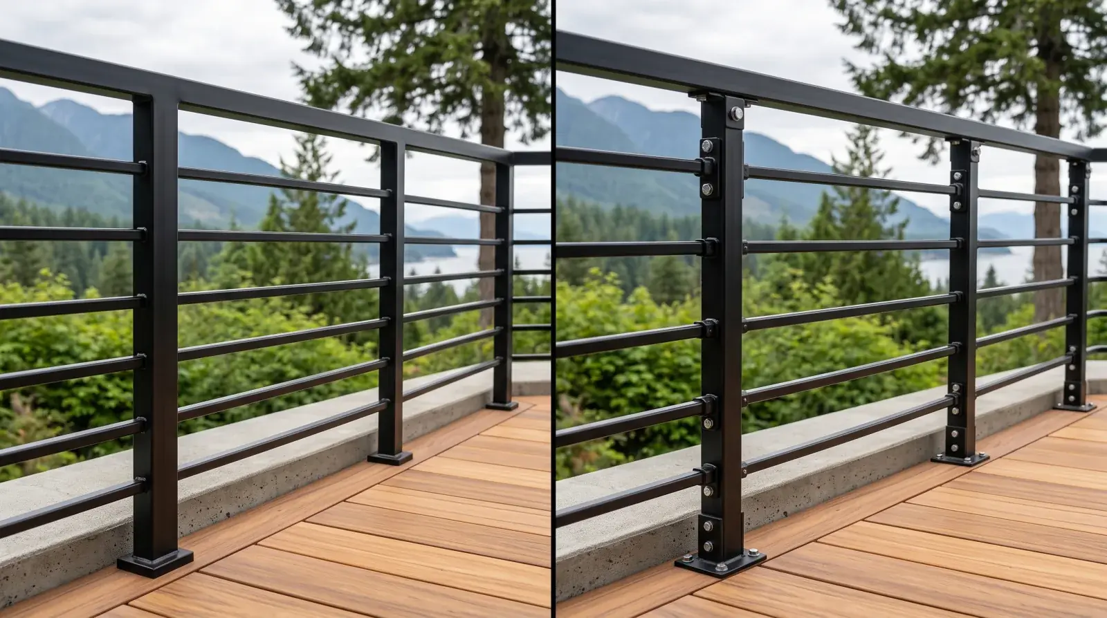 Side by side comparison of a fully welded matte black steel railing and a bolted modular kit railing on a modern Vancouver deck