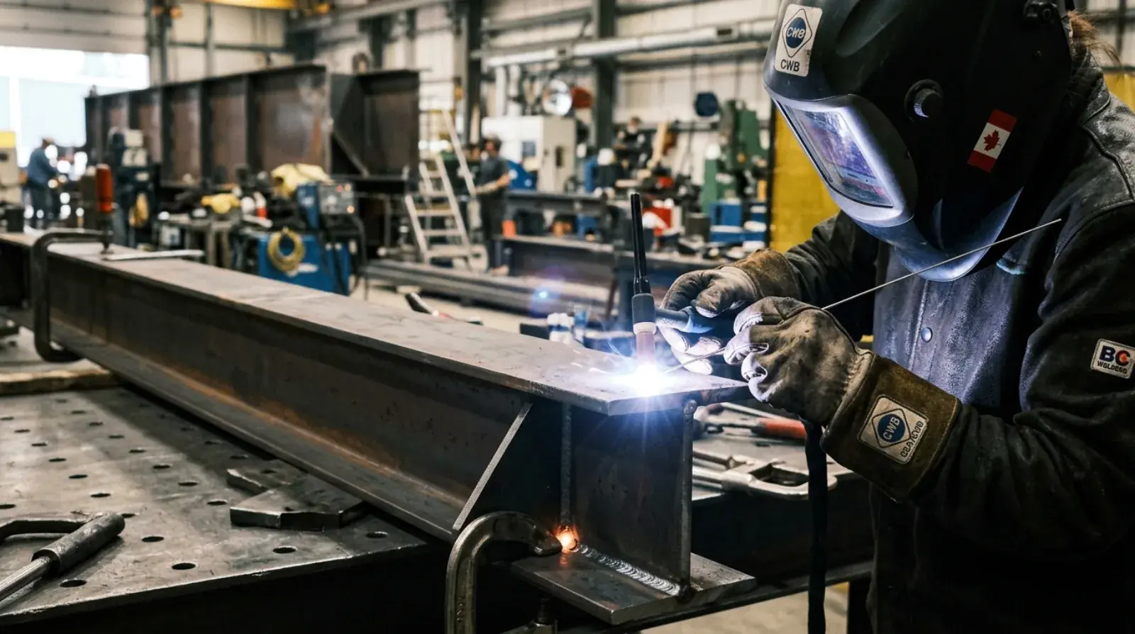 A certified welder running a structural fillet weld on an HSS steel column in a Burnaby fabrication shop.