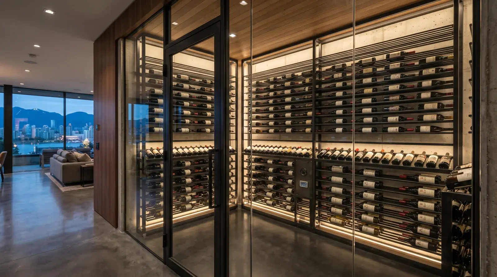 Glass-walled wine cellar with custom blackened steel racking and integrated lighting in a Vancouver custom home
