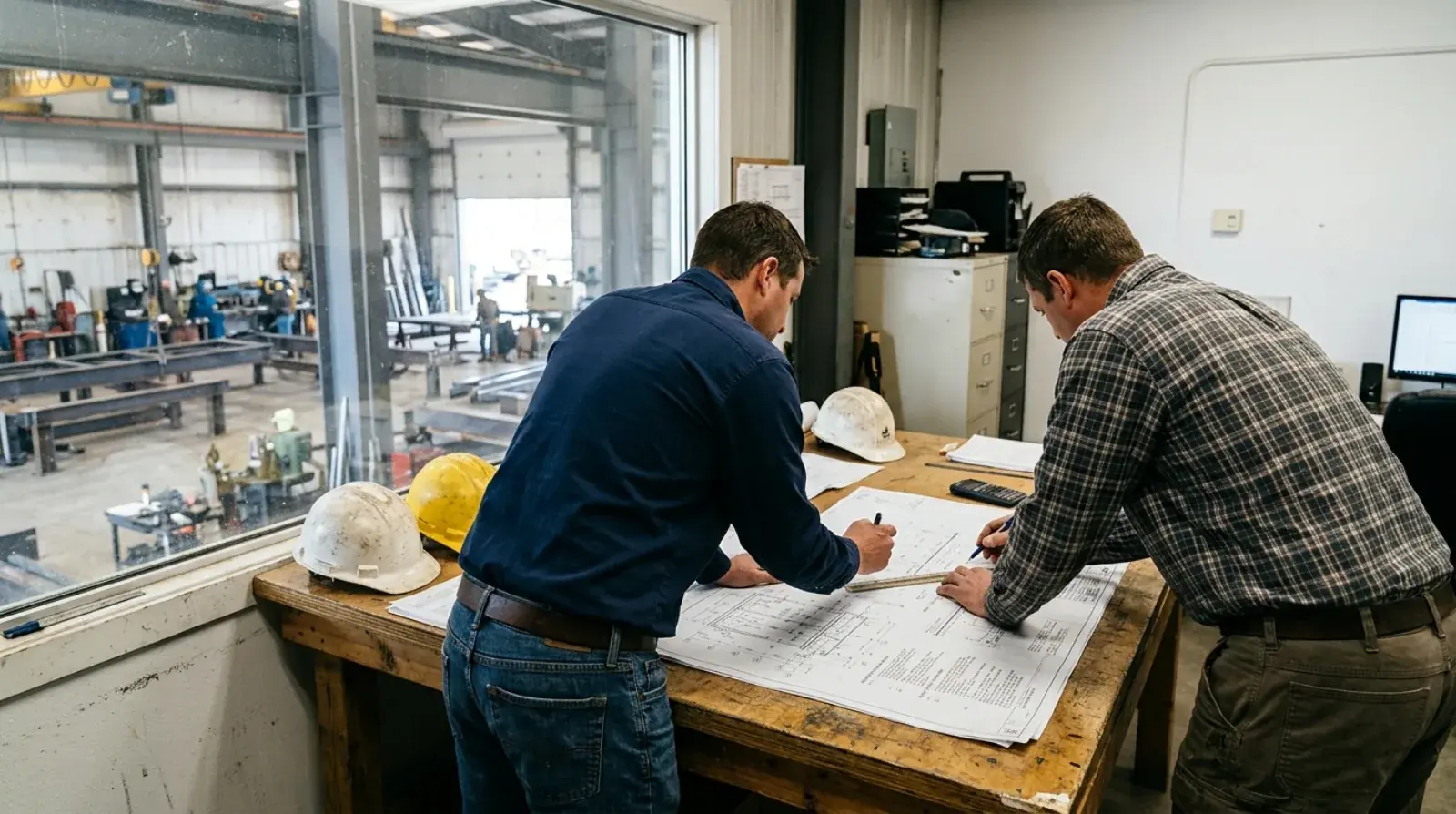 Steel fabricator and structural engineer reviewing marked-up shop drawings for a steel connection at a Burnaby fabrication shop