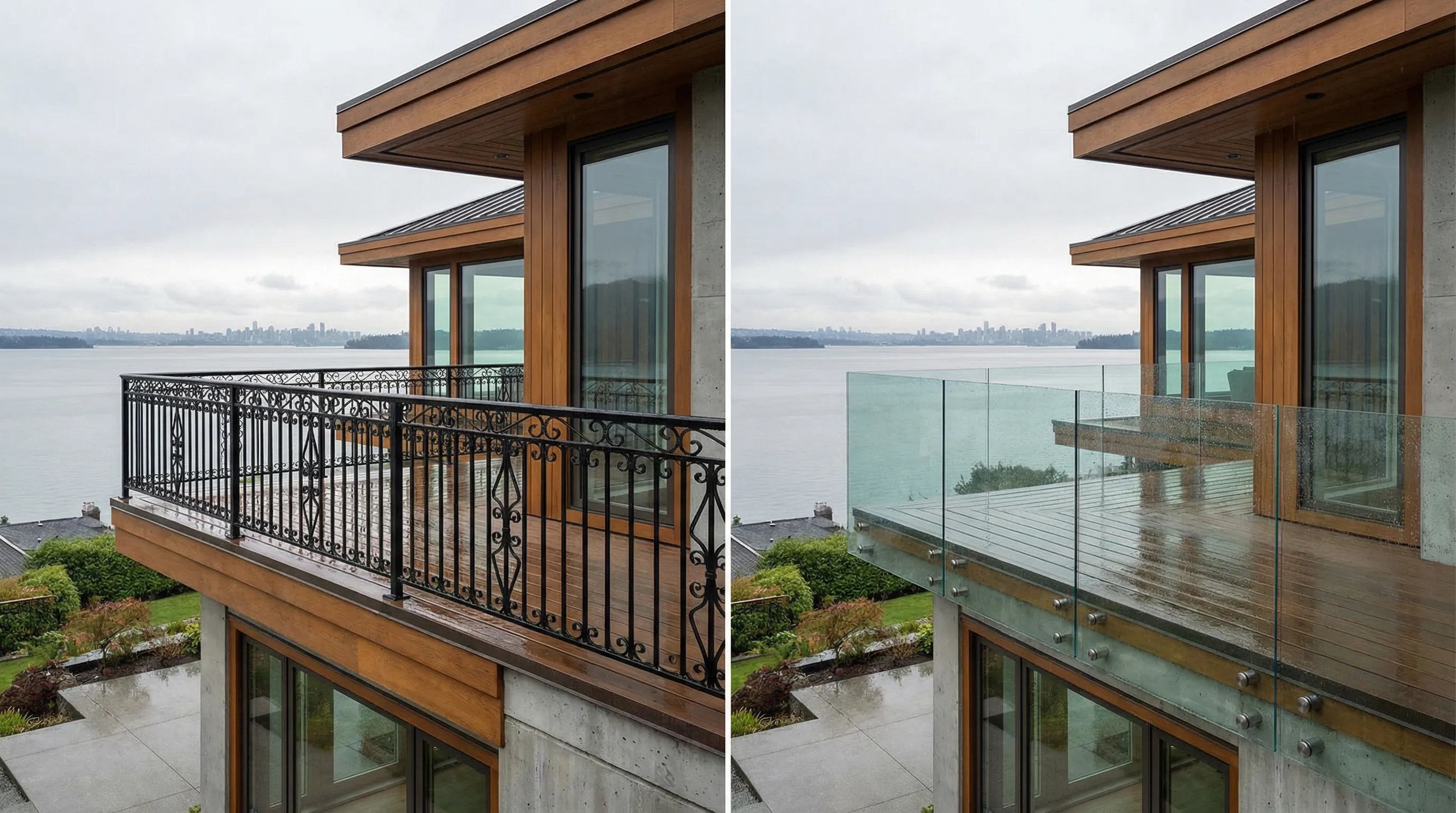 Side by side comparison of wrought iron and frameless glass railings on a West Vancouver oceanfront home