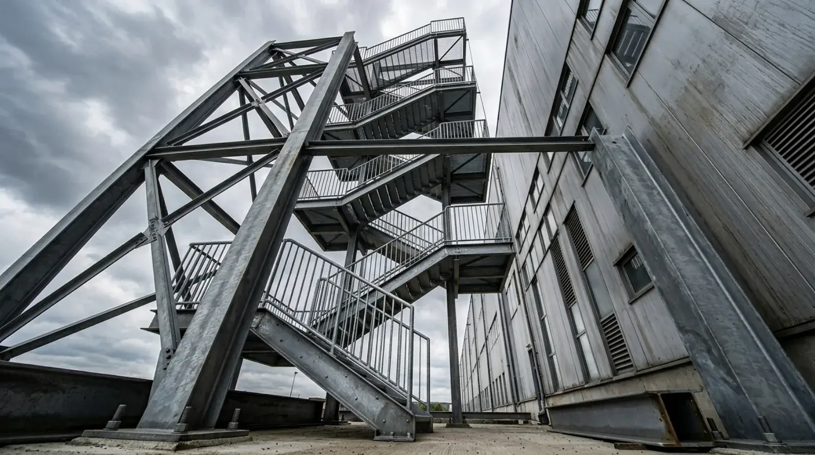 Tall galvanized steel exterior stair tower installed against a distribution warehouse wall in Delta BC