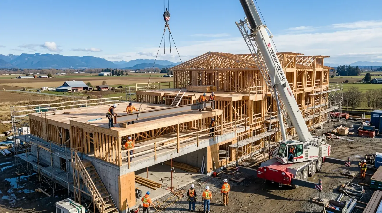 Steel beam being set on a wood-frame multi-family building under construction in Langley BC
