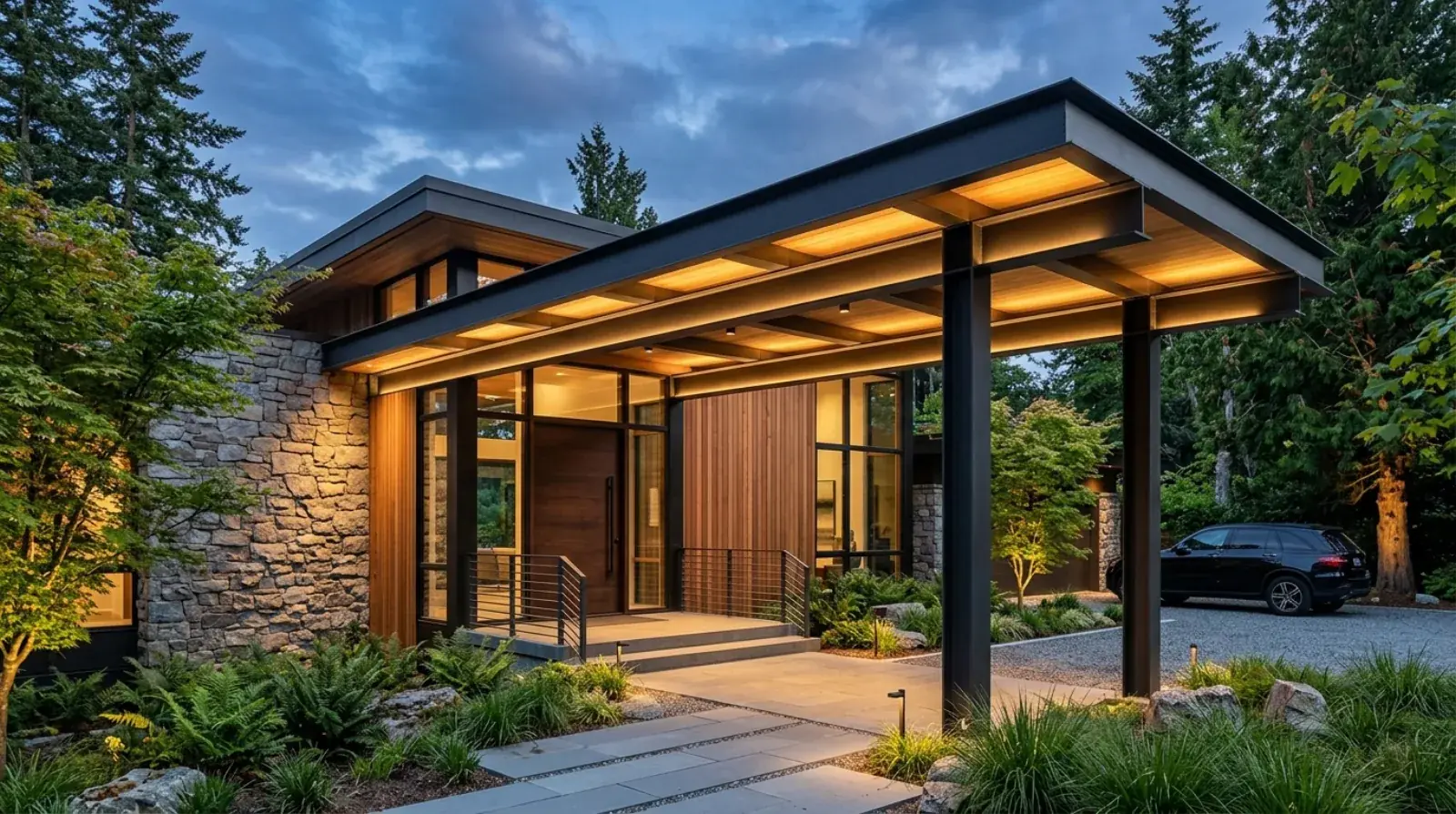 Structural steel entrance canopy with warm lighting at a luxury modern home in West Vancouver BC