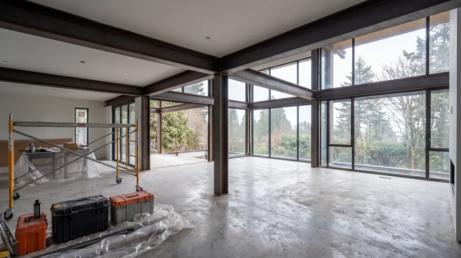 Architectural mono stringer staircase with thick hardwood treads and frameless glass railing in a double-height Vancouver entry