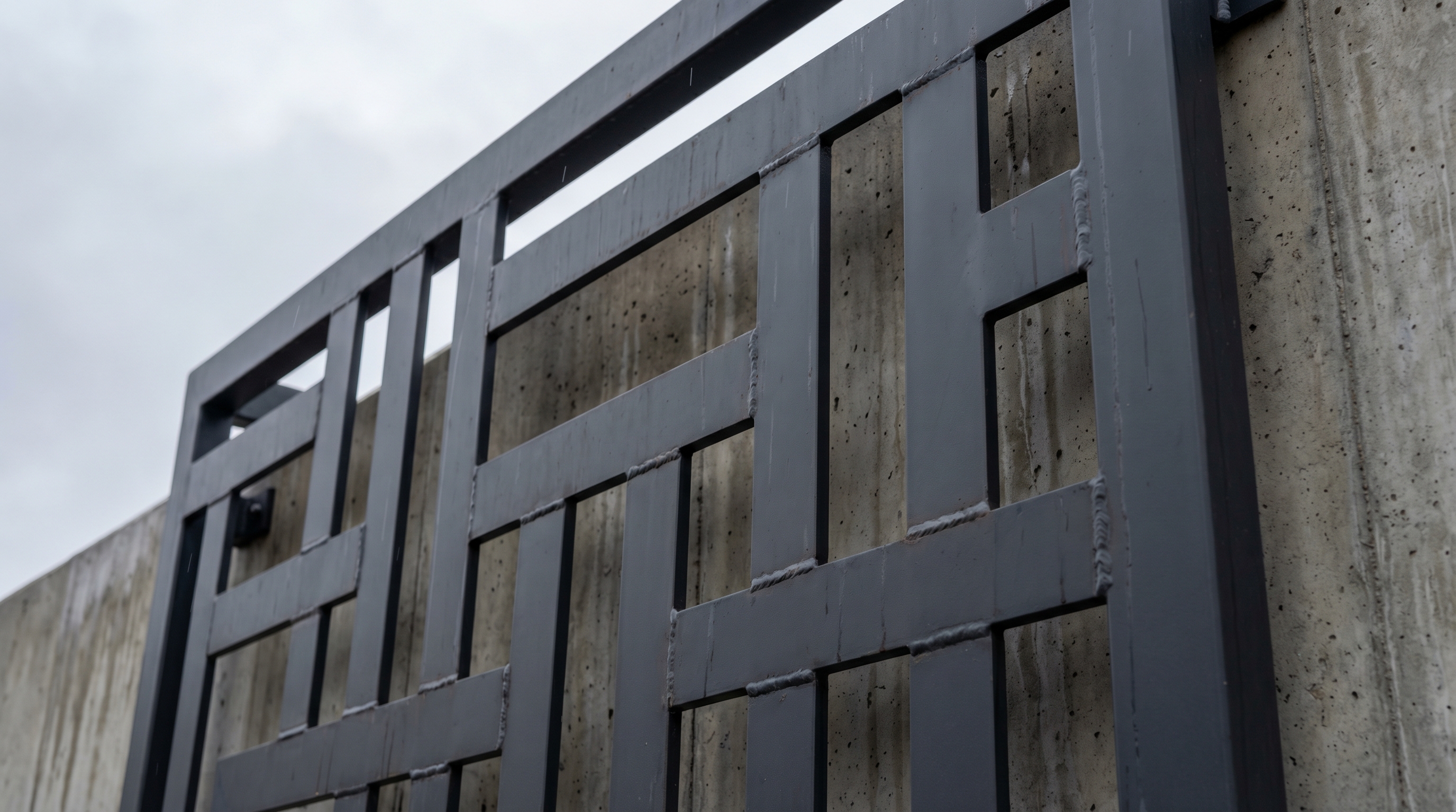 Detail of custom architectural steel screen with geometric pattern and clean welds on a concrete wall exterior