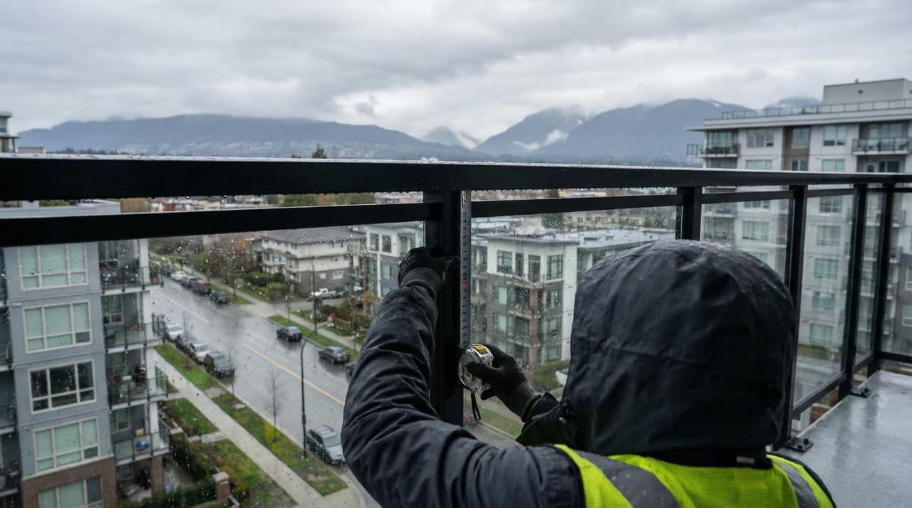 Building inspector measuring guardrail height on a Vancouver balcony with mountains in the background