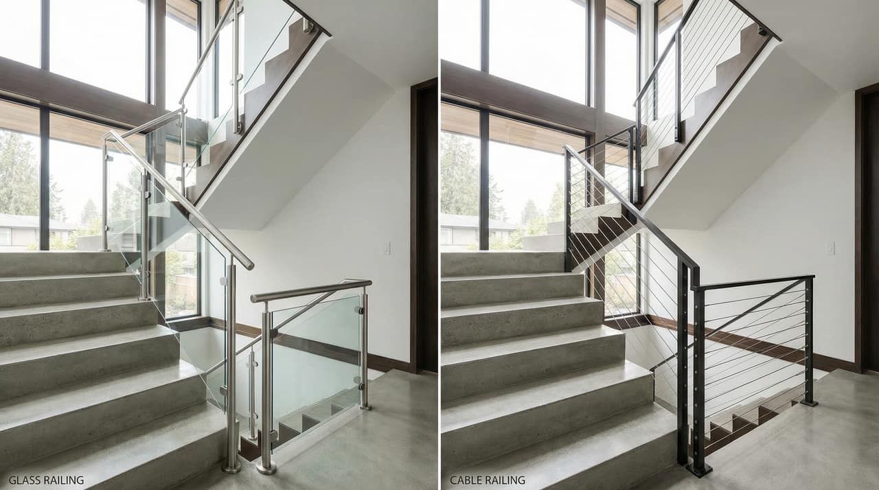 Glass railing compared side by side with cable railing on a modern staircase