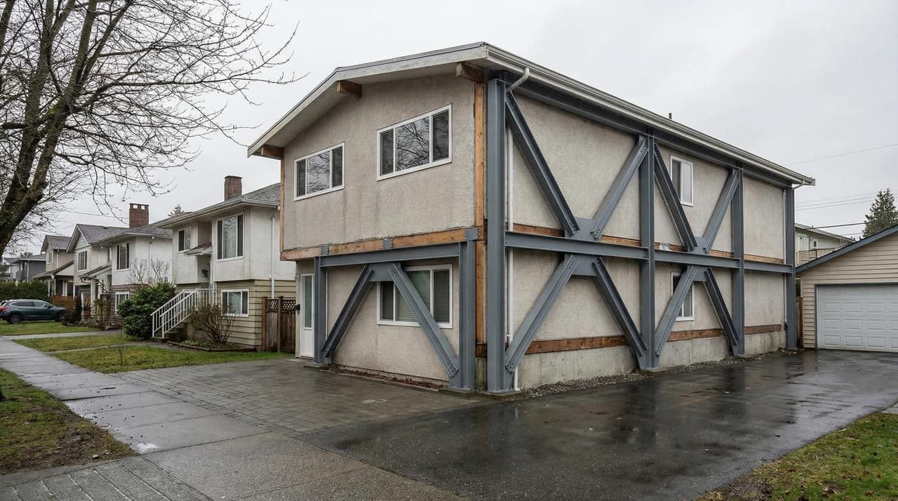 Steel braced frame seismic retrofit on the exterior of a Vancouver Special style home with chevron bracing visible